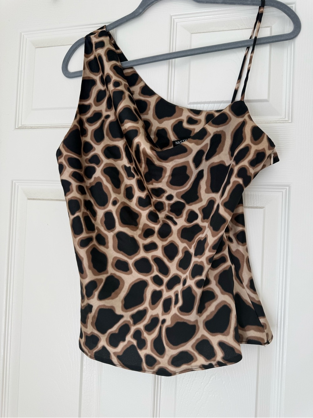 Nasty Gal Brown and Black Animal Print One-Shoulder Cowl Neck Camisole